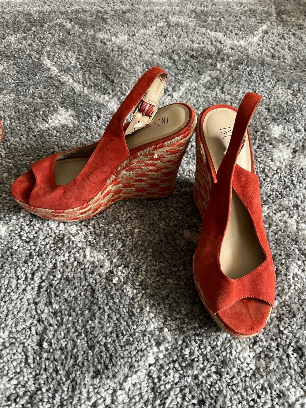 INC International Concepts Red Suede Peep-Toe Espadrille Wedge Sandals